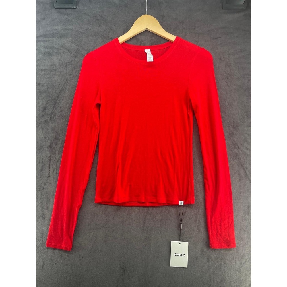 C202 Womens Red Lenzing Lyocell Wool Blend Long Sleeve Crewneck Top Size S